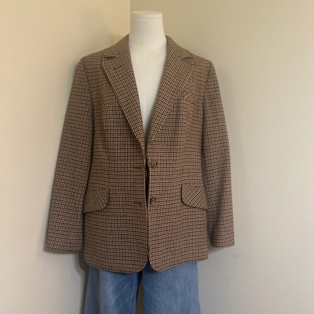 Vintage St Michael West Germany Wool Houndstooth Blazer Brown Jacket Size 16/44